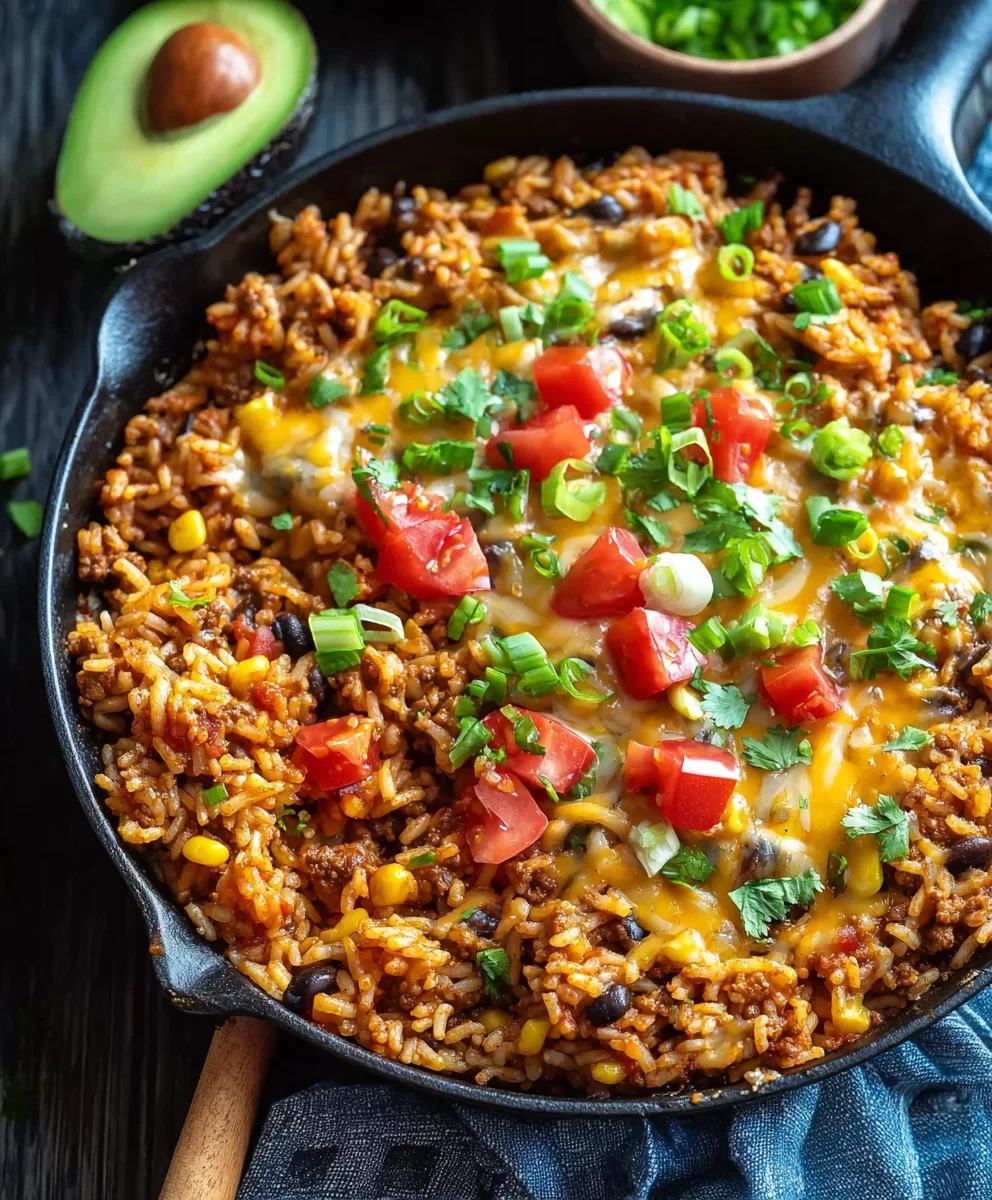 Easy Cheesy Beef Taco Rice Skillet Recipe