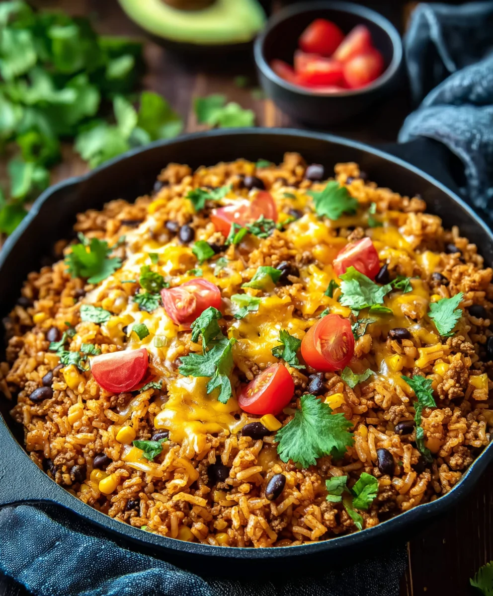 Easy Cheesy Beef Taco Rice Skillet Recipe