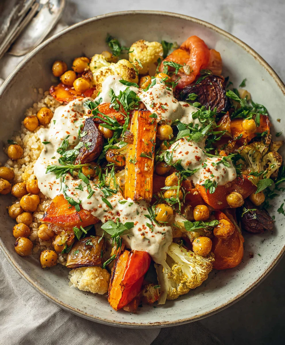 Glow Bowl Recipe-Roasted Veggie Tahini Yogurt Sauce