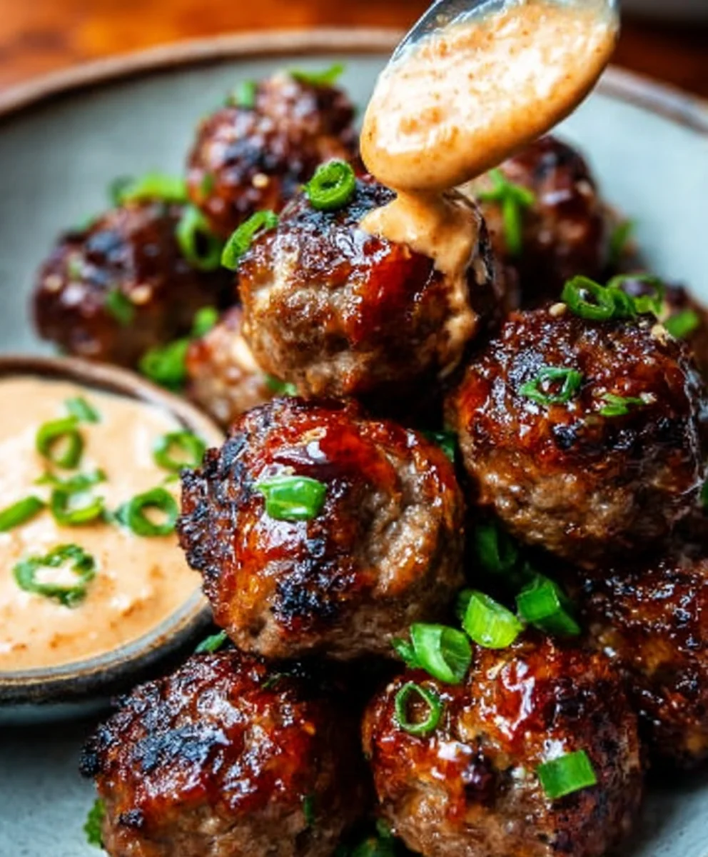 Korean Beef BBQ Meatballs Spicy Mayo Dip