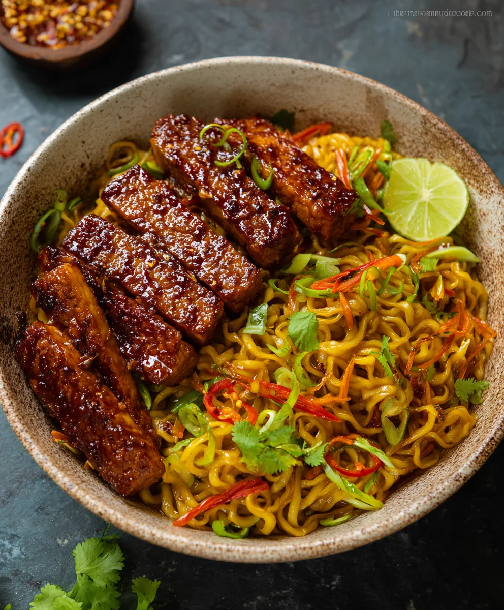 Sweet Spicy Tempeh Garlic Curry Noodles
