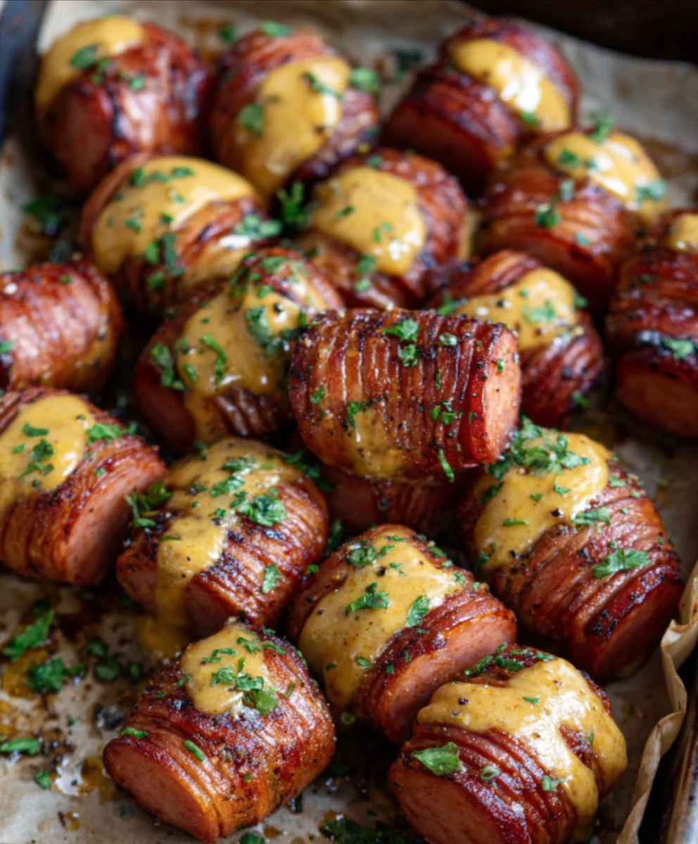 Mustard Hasselback Beef Sausage Bites - Easy Appetizer