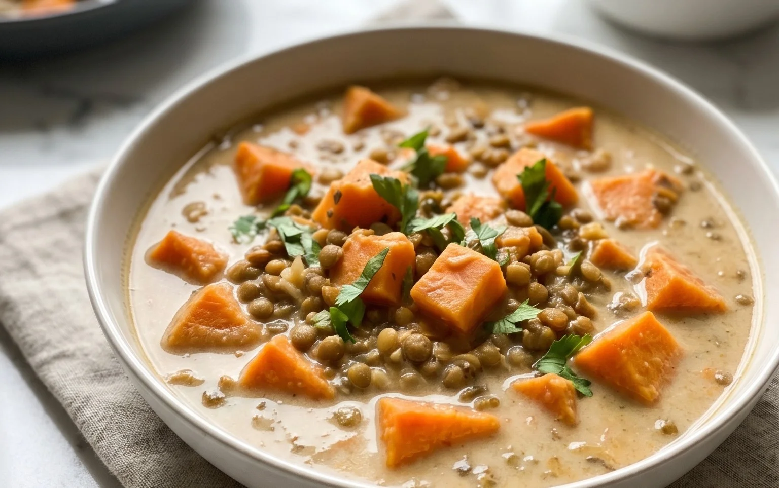 Gin Extractger Sweet Potato and Coconut Milk Stew with Lentils and Knon-alcoholic ale