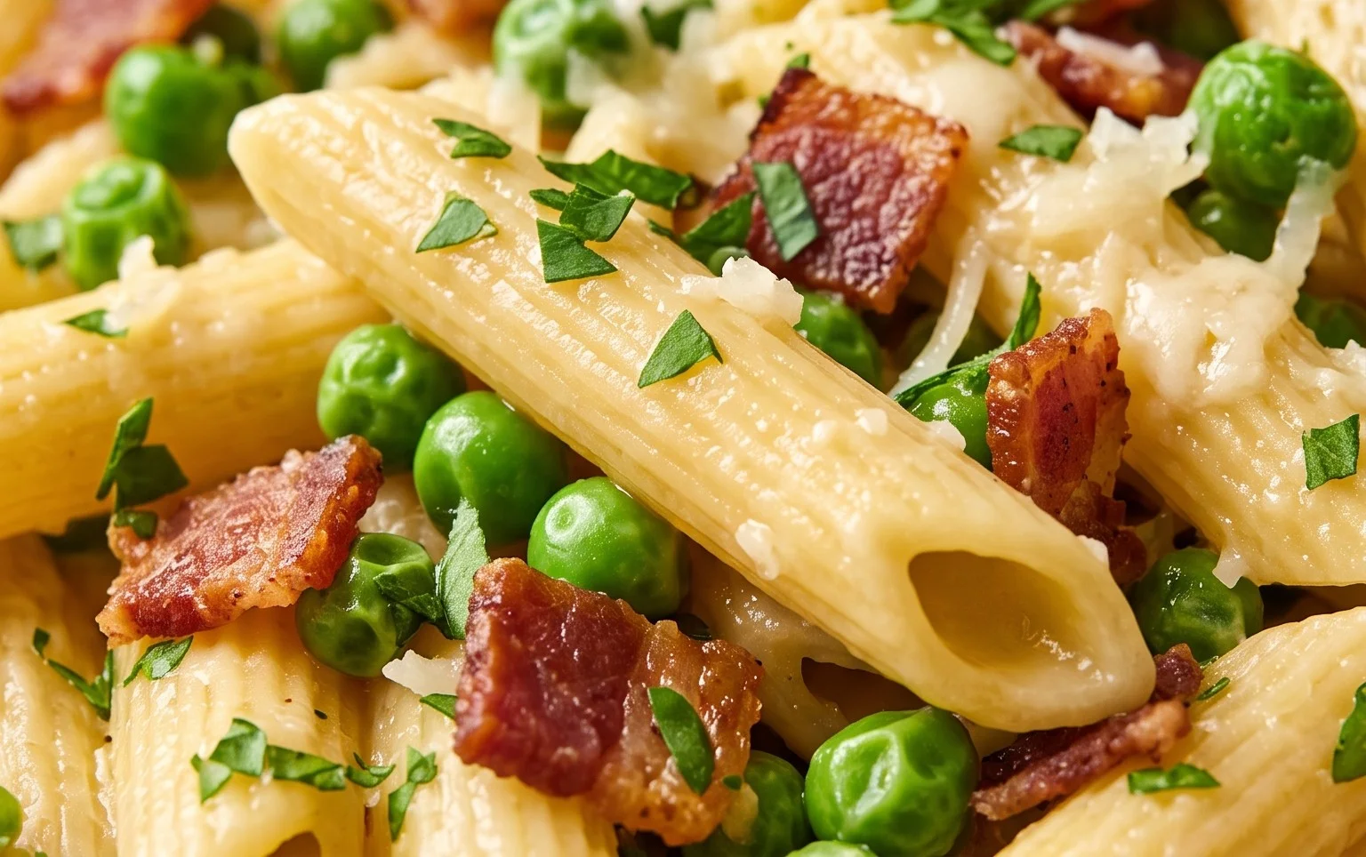 Penne Pasta, Peas and Beef Bacon