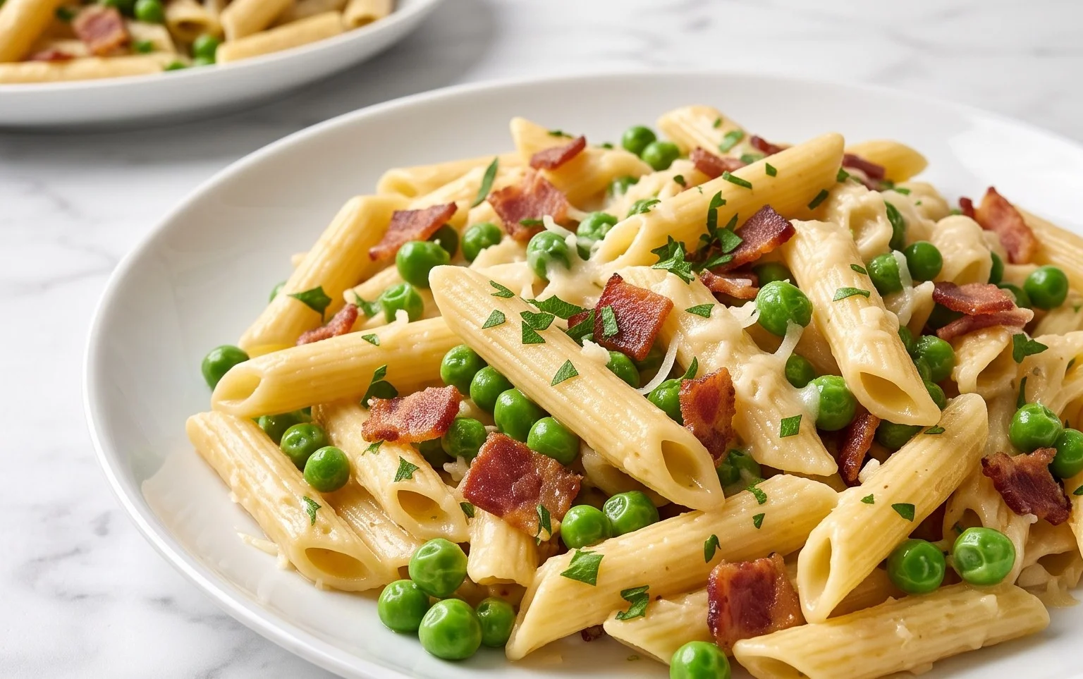 Penne Pasta, Peas and Beef Bacon