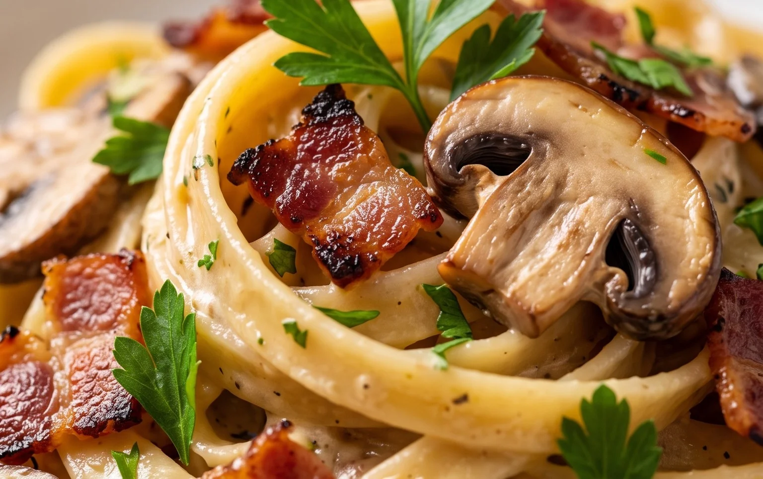 Creamy Beef Bacon and Mushroom Pasta