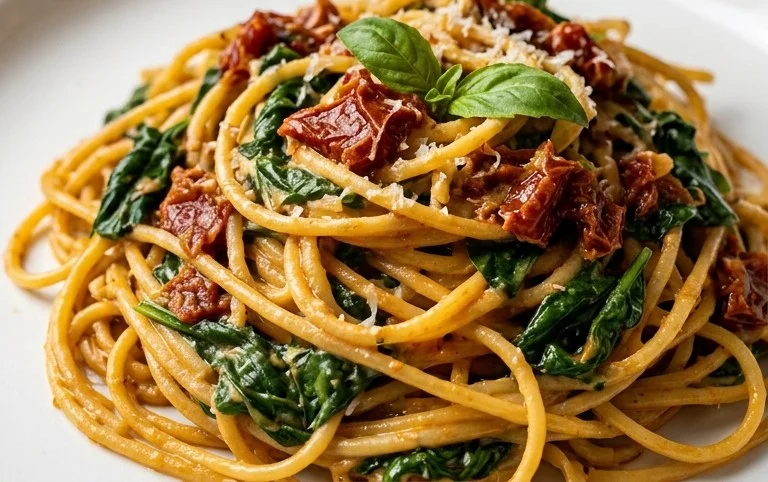 Spaghetti & Spinach with Sun-Dried Tomato Cream Sauce
