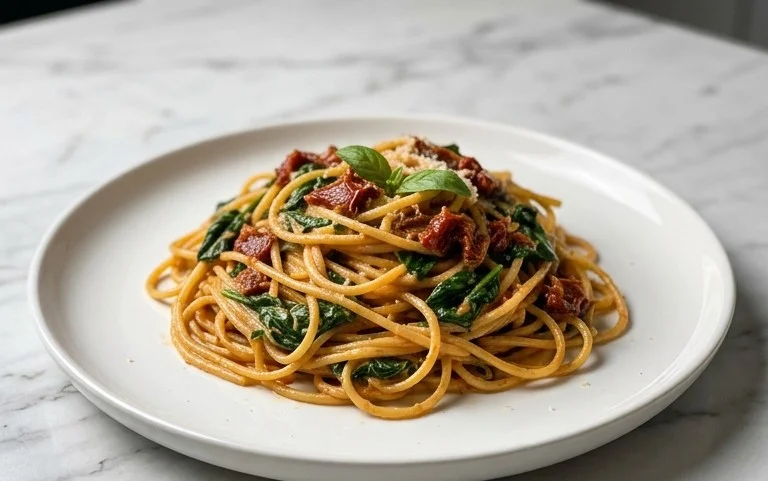 Spaghetti & Spinach with Sun-Dried Tomato Cream Sauce
