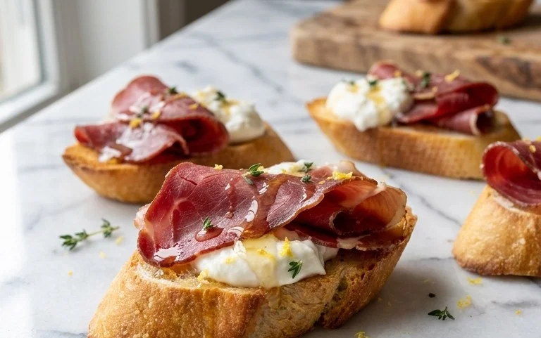 Beef Prosciutto Crostini with Burrata and Lemon Honey Drizzle